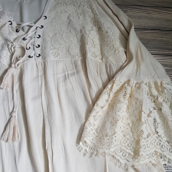 Plus Size Natural Lace Up Blouse - Picture 5 of 6